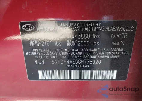 2016 Hyundai Elantra Se z USA, uszkodzony, nr VIN 5NPDH4AE5GH778920